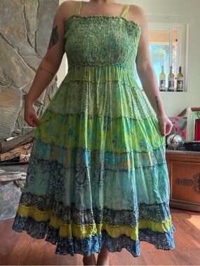 Green Tiered Smocked Maxi Dress with Floral Panels